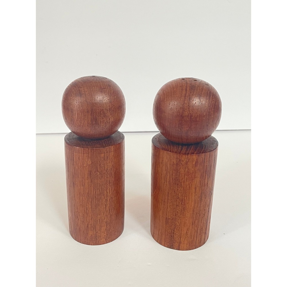 Vintage Danish Teak Wood Salt and Pepper Ball Shakers MCM Geometric Set